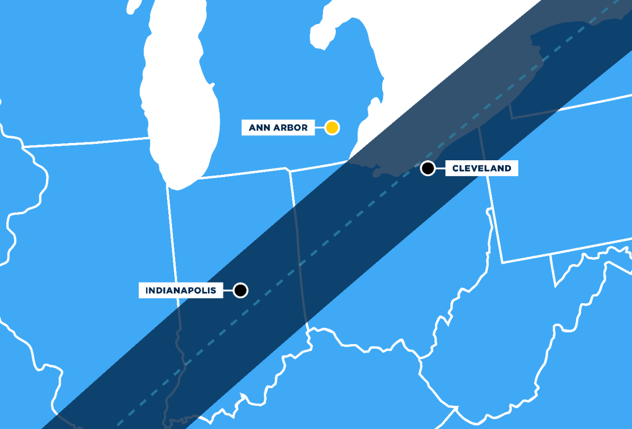A graphic depicting the path of totality across Michigan and the surrounding states during the solar eclipse on April 8.