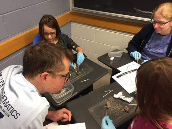 EEB graduate student Gordon Fitch helps students dissect owl pellets.