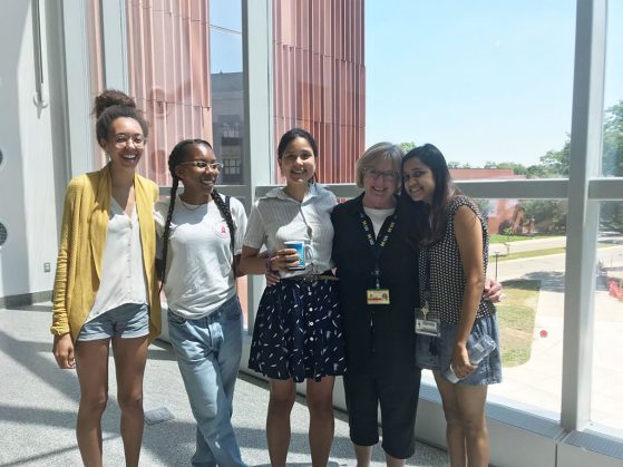 Many students stopped by on Cindy Carl's last day of work to wish her well. Left to right: EEB graduate students Imani Russell, Nia Johnson, Sara Colom, Cindy Carl, Sonal Gupta. 