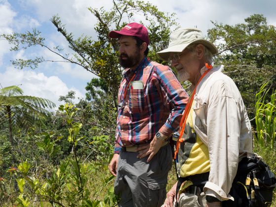  U-M doctoral student Zachary Hajian-Forooshani and U-M ecologist John Vandermeer survey a Puerto Rican coffee farm damaged less than a year earlier by Hurricane Maria.